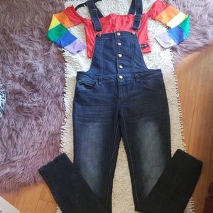 Lightly distressed stretch denim overalls